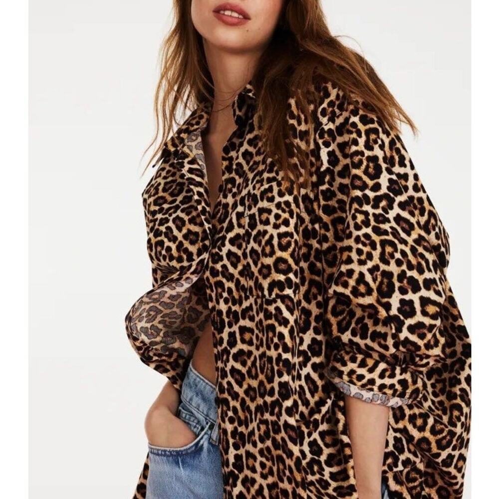 H&M Leopard Print Button-Down Shirt in Brown and Black